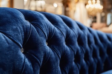 Fototapeta premium Close-up of a luxurious deep blue velvet tufted sofa with crystal accents, elegant interior detail.