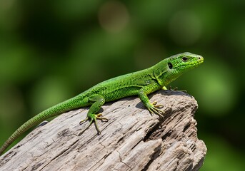 Fototapeta premium Green Lizard on Wood, Reptile on Log, Wild Animal