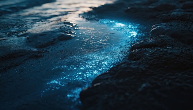 A close-up of bioluminescent algae glowing in a tidal pool, creating a surreal, magical scene with soft blue light in the dark. 