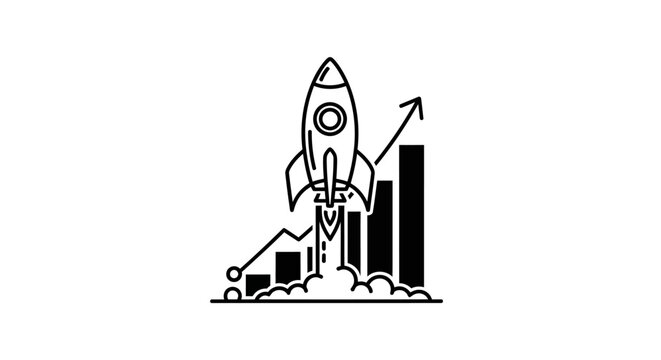 A rocket ship successfully launches into the sky with a graph and chart nearby showing rapid growth and progress.