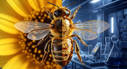Naklejka premium A premium reimagining of the bee illustrations. This version uses refractive glass and gold gears to create a high-end scientific-fantasy aesthetic for premium stock collections. 