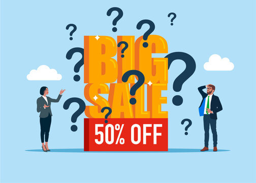 Banner big sale with an question marks. Huge Discount in question. Modern vector illustration in flat style