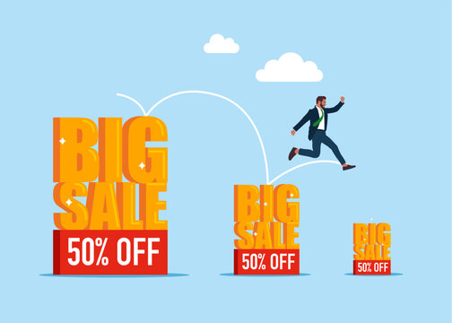 Businessman jumping from big to the small Poster big sale. Huge Discount. Sales are falling. Flat vector illustration