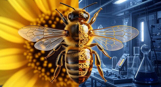 A premium reimagining of the bee illustrations. This version uses refractive glass and gold gears to create a high-end scientific-fantasy aesthetic for premium stock collections.
