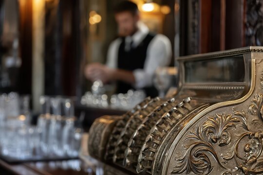 Antique ornate cash register in a vintage bar with a bartender preparing drinks in the background.
