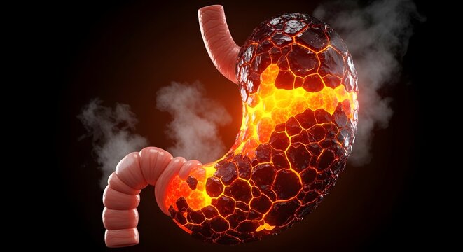 Elevating medical icons into cinematic art. The contrast between healthy tissue and molten lava perfectly visualizes "heartburn" or "acidity" for premium health editorial content.
