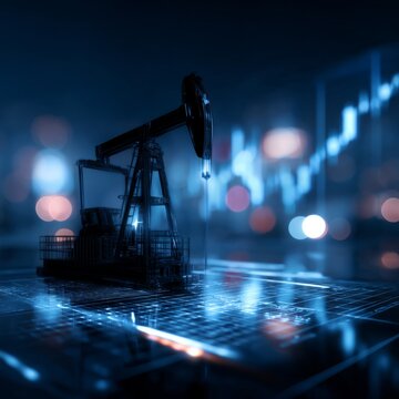 The confluence of petroleum mechanics and advancing technology. Business metrics. Technological and financial fusion: oil pump jack with illuminating graphs. Digital finance.