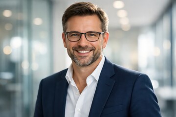 Fototapeta premium Confident businessman smiling, professional male executive in a modern office environment. Happy corporate leader in a navy blue suit and glasses, ideal for business and corporate branding.