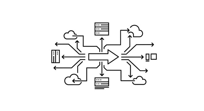 A detailed diagram illustrates the complex connections and data exchange between multiple servers, clouds, and devices through various networked lines and arrows.