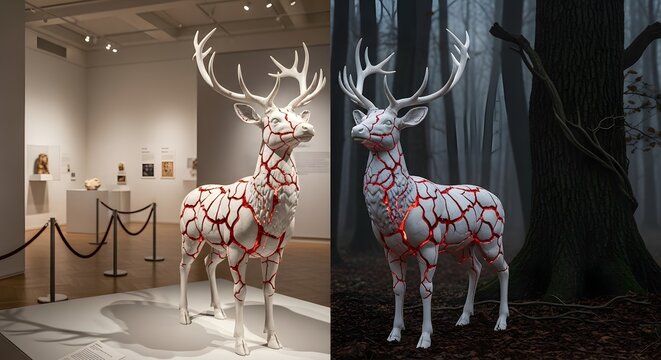 A living-statue horror study. The realism of the red enamel flowing from the cold, cracked porcelain provides a high-contrast aesthetic that is both beautiful and haunting.
