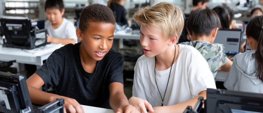 Students work together using laptops and to create robots while writing code in a classroom environment