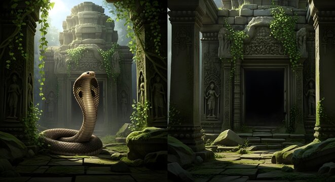 A luxury-horror fusion. The green glow from the emeralds acts as a secondary light source, casting a mystical green hue onto the cobra's scales and the temple stone.
