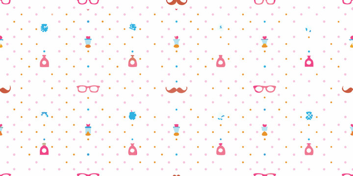 Colorful pattern of perfume bottles glasses and mustaches on white