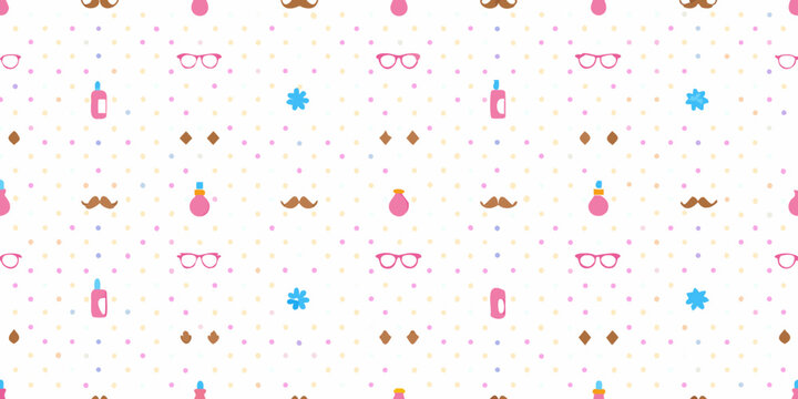 Playful pattern featuring cosmetics eyewear and mustache illustrations