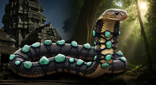 A luxury-horror fusion. The green glow from the emeralds acts as a secondary light source, casting a mystical green hue onto the cobra's scales and the temple stone.
