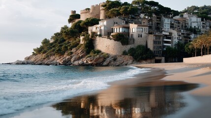 Fototapeta premium A castle stands on a cliff, providing a view of a beach and clear sea in a coastal village during a bright summer day