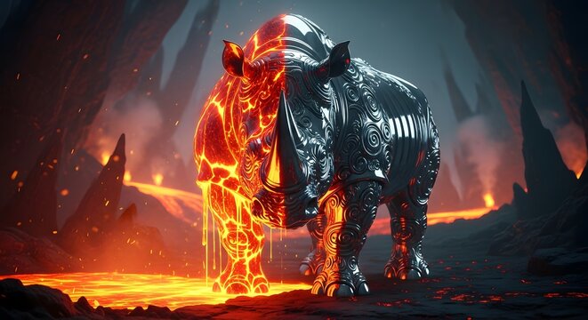 A sleek-elemental concept. The chrome reflection of the lava provides a realistic "orange" tint to the metal, bridging the futuristic rhino to its volcanic environment perfectly.
