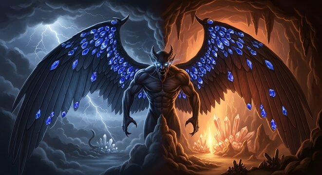 A mystical dark fantasy masterpiece. The blue light from the sapphires acts as a secondary light source, casting a magical blue glow onto the demon's body and the cave walls.
