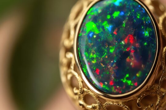 Close-up macro shot of a stunning black opal gemstone set in an ornate gold ring, showcasing vibrant colors.
