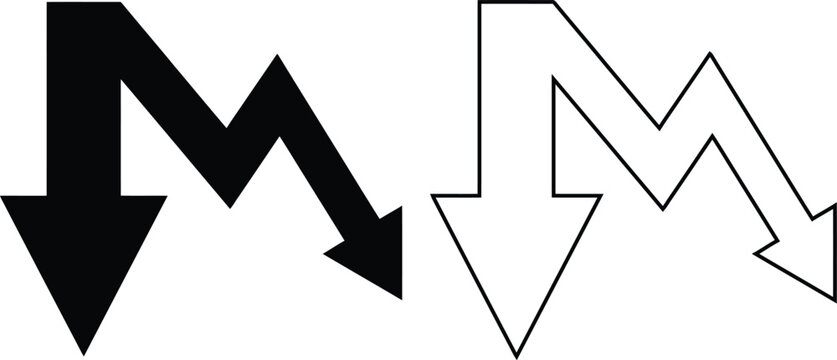 Minimalist flat vector icon set featuring a jagged downward business chart arrow for economic market decline and financial decrease in solid black silhouette and linear outline styles.