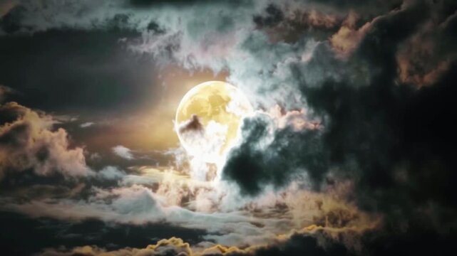 Full moon moonlight clouds featuring a bright full moon glowing through drifting clouds, illuminating the night sky with soft silver light. 