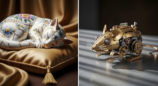 A sophisticated take on the "Cat and Mouse" theme. This prompt focuses on the material tension between delicate porcelain and complex brass machinery, ensuring a high-value, art-gallery aesthetic.

