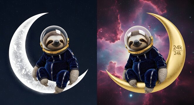 Elevating the simple sloth illustration into a cosmic luxury piece. The contrast between gold and lunar dust, combined with the velvet suit texture, targets the high-end nursery decor market.
