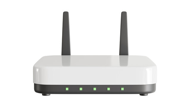 WiFi router device, white dual-antenna unit centered in frame, front view, isolated on transparent background, clean modern design for home internet, networking, and connectivity concepts.