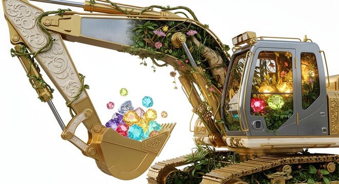 Transforming a simple construction vehicle into a luxury "Eco-Future" concept. The contrast of gold machinery and lush prehistoric nature creates a unique, high-selling visual for Adobe Stock.
