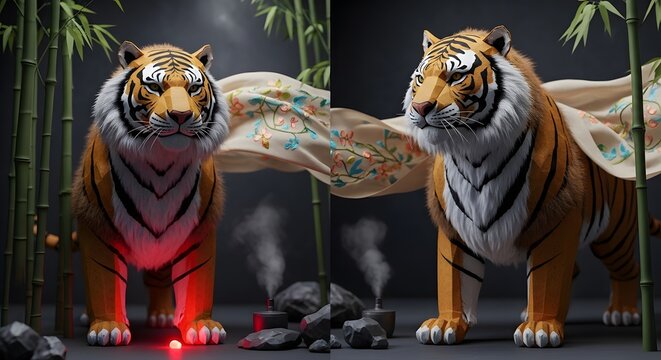 3D render of a wild animal adorned with intricate Indonesian batik art and glowing cybernetic neon lines. Fusion of traditional cultural heritage and futuristic technology.