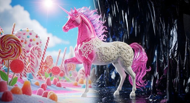 3D render of a majestic pink crystal unicorn with silver ornate patterns standing under magical glowing rain. Fantasy creature, dream, and fairy tale concept