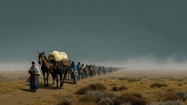 A group of people walking down a dirt road with horses