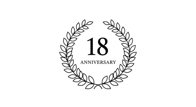 Elegant black and white 18th anniversary laurel wreath design, celebrating a significant milestone with classic typography.