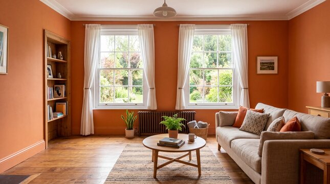 Orange painted room with natural light from windows and wooden floor.