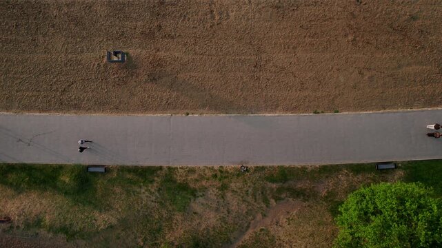 Unrecognizable people enjoying a walk along a curved paved path in a public park, casting long shadows on the ground in the warm afternoon light, creating a peaceful and serene atmosphere