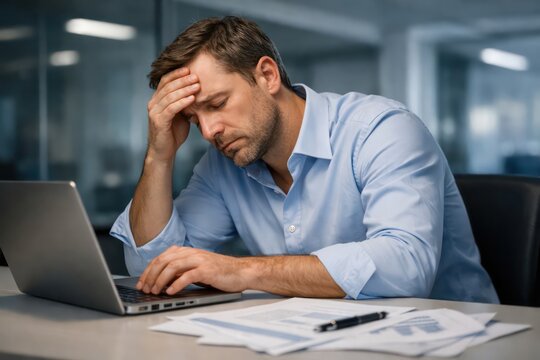 Stressed businessman with headache, overwhelmed office worker experiencing burnout, exhausted professional struggling with work pressure and mental fatigue, corporate stress concept.