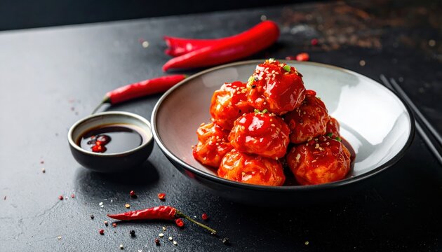 Vibrant Szechuan Dumplings with Glistening Chili Oil and Sesame Seeds, Served in a Bowl with Dipping Sauce and Peppers.