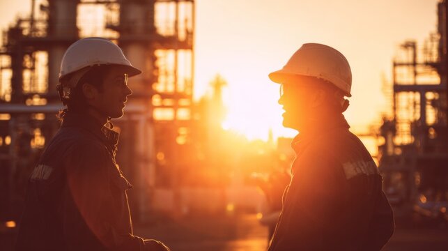 Pioneering the energy frontier: engineers in action. Adventure poster. In-depth engineering talk amidst sunset-lit refineries. Film poster. Poster design.