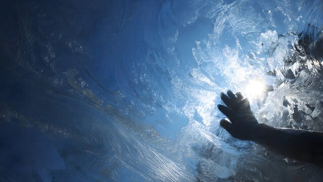 Soft Abstract close-up window cleaner using squeegee on soapy glass, swirling patterns, clean blue-sky rectangle, sunlight lens flare, 4K.