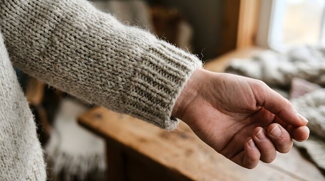 A person's arm in a beige sweater, palm up, with a blurred background