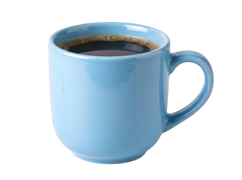 Blue ceramic coffee mug with black coffee isolated on transparent background minimal drinkware design