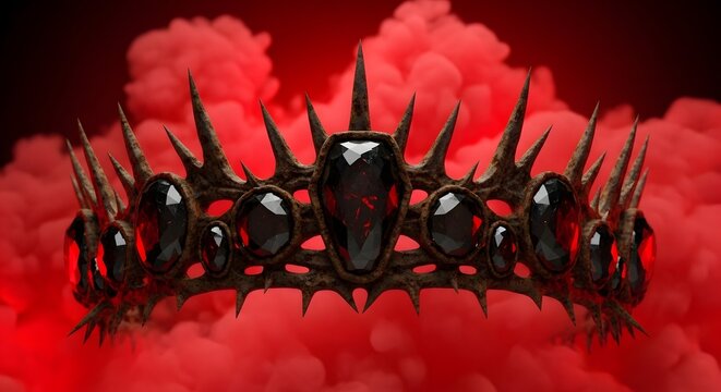 3D render of a dark gothic crown with glowing red rubies and red smoke background. Symbol of dark royalty, power, luxury, and kingdom.