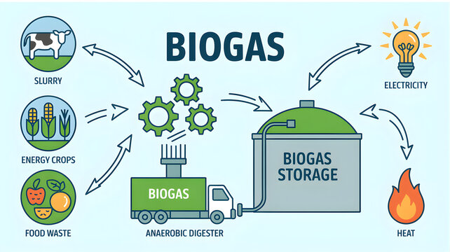 The biogas process generates electricity from food waste and slurry through anaerobic digestion.
