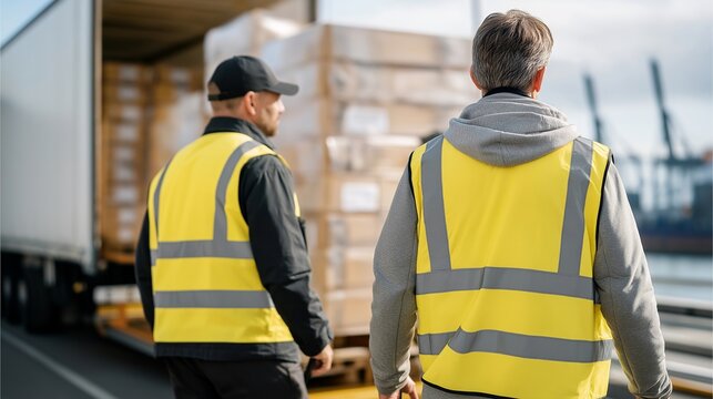 Two dock workers coordinate a fast transfer of pallets between inbound and outbound trailers at a busy cross-docking facility, radio chatter visible as body language, ideal for cross-docking,