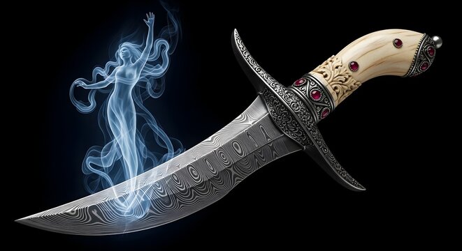 3D render of an ancient fantasy dagger glowing with mystic smoke and magical blue aura energy. Elegant mythical weapon concept for games and art.