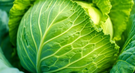 Obraz premium Detailed texture of a green cabbage leaf, intricate branching veins, waxy surface, crisp organic structure