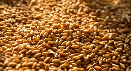 Obraz premium Detailed texture of golden wheat kernels in a pile, sunlight reflecting on smooth grain surfaces, harvest abundance