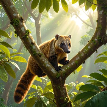 A coati perched on a tree branch in a lush forest
