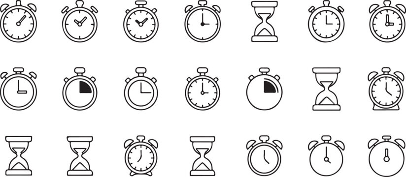 Time icons, clock symbols, hourglass illustrations, 20 vintage stopwatch graphics