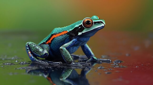 Vibrant photorealistic image of a red-eyed green frog sitting on water with colorful background